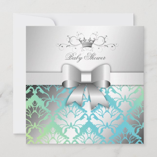 311-Damask Shimmer Bow Turquoise Lime Baby Shower Invitation (Front)