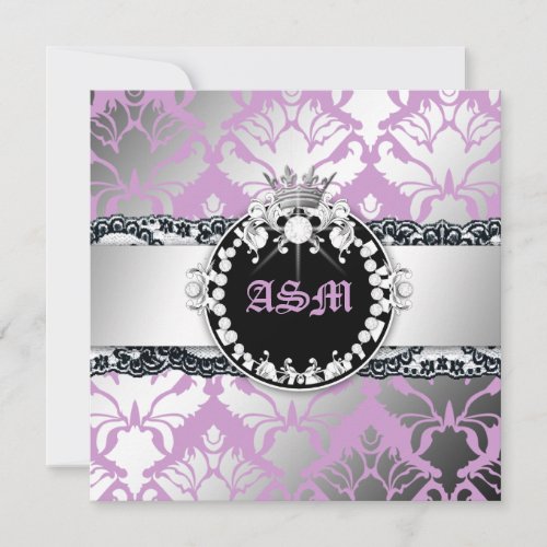 311-Damask Shimmer Queen Lace n' Kisses Purple Invites