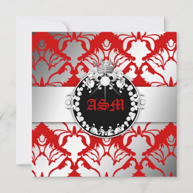 311-Damask Shimmer Queen Sweet 16 Cherry Red Invitation (Front)
