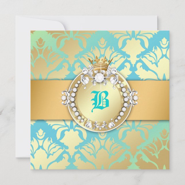 311-Damask Shimmer Queen Sweet 16 Turquiose Lime Invitation (Front)