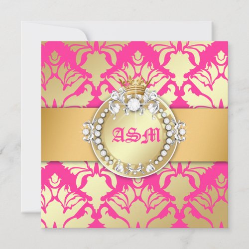 311-Damask Shimmer Queen Sweet Sixteen Golden Pink Personalized Announcements