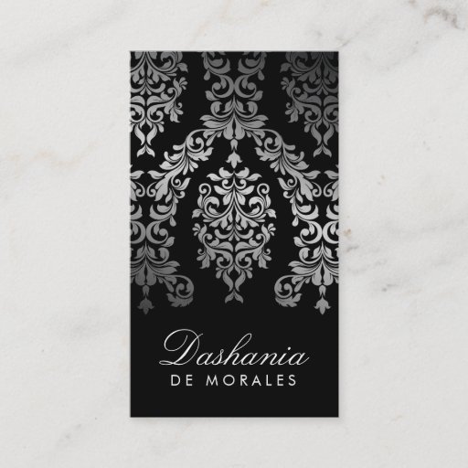 Customizable 311 Dashing Damask Faux Silver Business Card Template