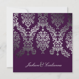 311-Dashing Damask Faux Silver Eggplant Invitation