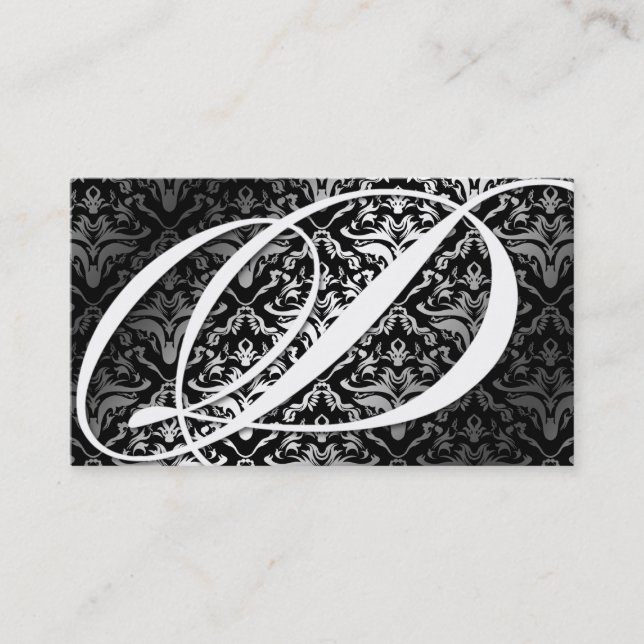 311-Dazzle Me Damask - D Monogram Black Business Card (Front)