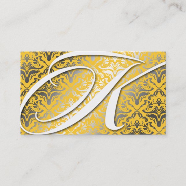 311-Dazzle Me Damask - K Monogram Yellow Business Card (Front)