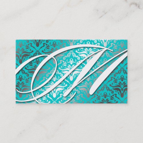311-Dazzle Me Damask -M Monogram Turquoise Business Card Template