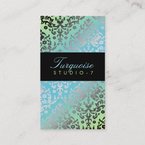 311-Dazzling Damask Turquoise Lime Black Business Cards