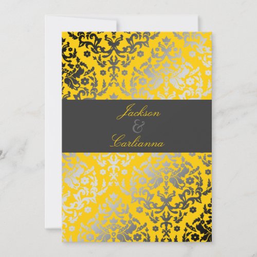 311 Dazzling Damask Yellow | Charcoal Gray Band Personalized Invitations