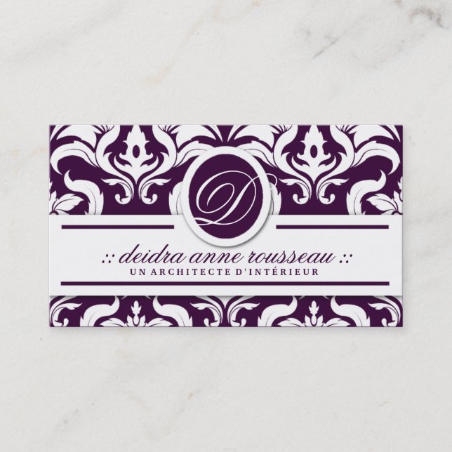 311 Deidra Damask Rose Purple Monogram Business Card (Front)