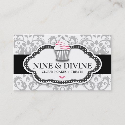 Customizable 311 Divine Gray White Damask Cupcake Business Card