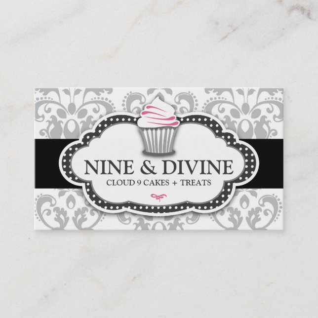 311 Divine Gray White Damask Cupcake Business Card (Front)