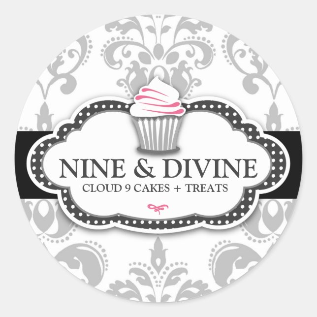 311 Divine Gray White Damask Cupcake Sticker (Front)