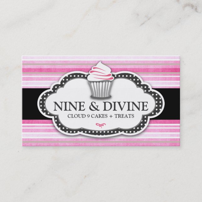 311 Divine Vintage Pink Stripes Cupcake Business Card (Front)
