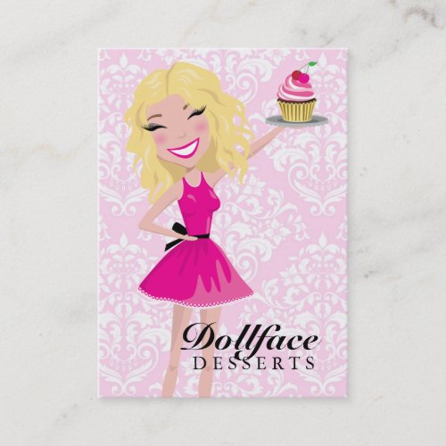 311 Dollface Desserts Blondie Pink Damask 3.5 x 2 Business Card Template