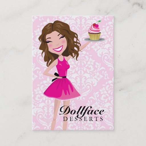 Customizable 311 Dollface Desserts Brownie Pink Damask 3.5 x 2 Business Card Template
