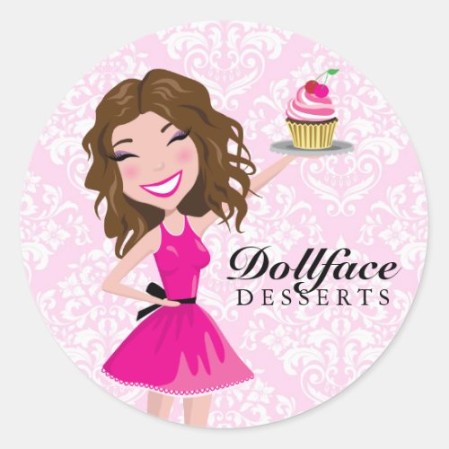 311 Dollface Desserts Brownie Pink Damask Classic Round Sticker