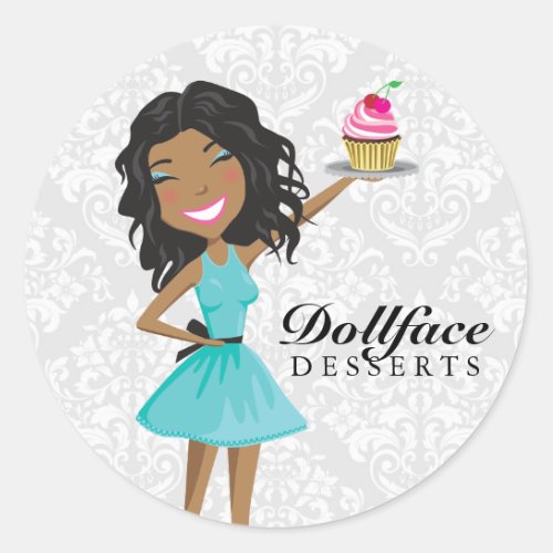 311 Dollface Desserts Ebonie Gift Box Blue Damask Classic Round Sticker