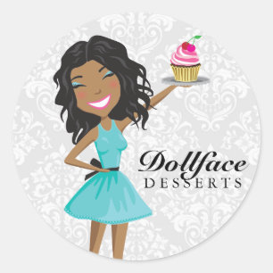 311 Dollface Desserts Ebonie Gift Box Blue Damask Classic Round Sticker