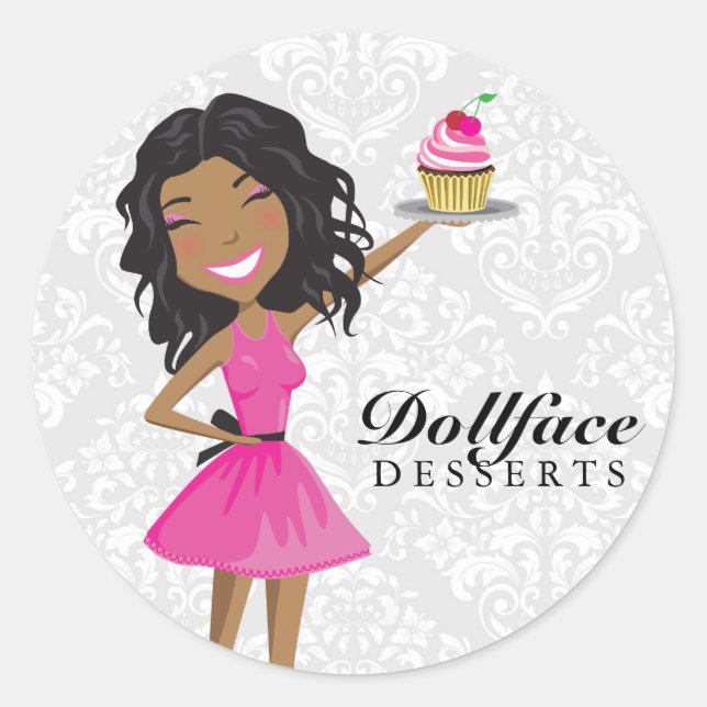 311 Dollface Desserts Hot Pink Ebonie Damask Classic Round Sticker (Front)