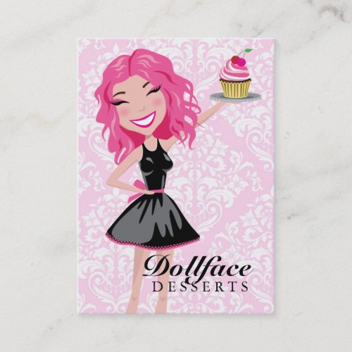 311 Dollface Desserts Pinkie Pink Damask 3.5 x 2 Business Card Template