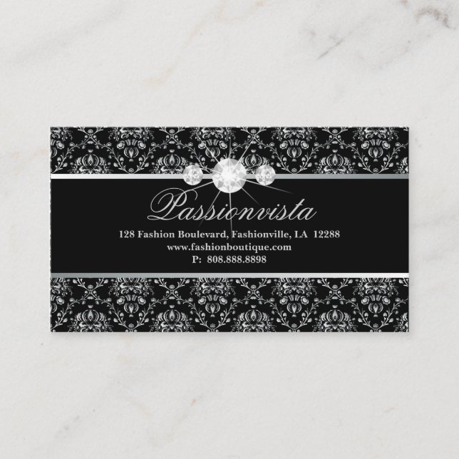 311 Elegant Jewelry Diamonds Silver Black Damask Business Card (Front)