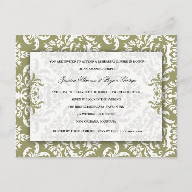 311 Emmy Damask Moss Invitation Postcard (Front)