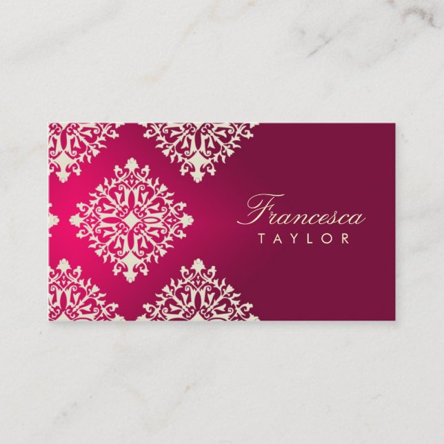 311-Francesca Hot Pink et Maroon Damask Business Card (Front)