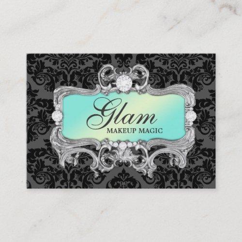 311 Glam Crazy Aqua Black Damask Business Cards