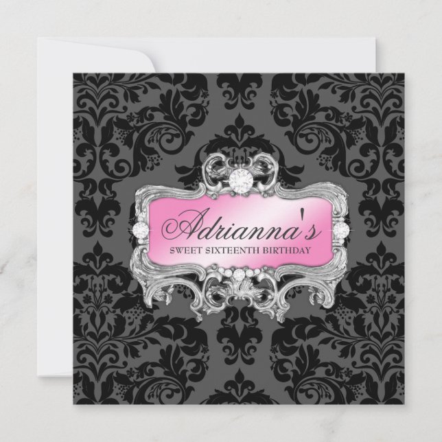311 Glam Pink Gray Damask Diamonds Invitation (Front)