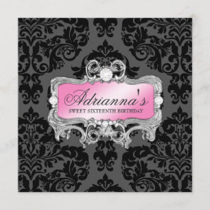 311 Glam Pink Gray Damask Diamonds Invitation