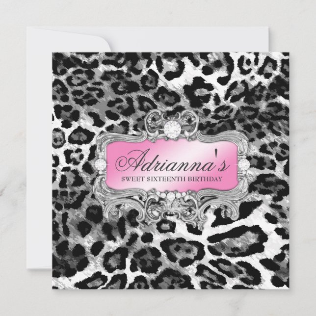 311 Glam Pink Gray Leopard Diamonds Invitation (Front)