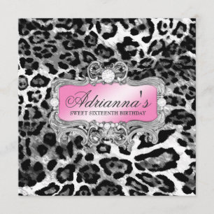 311 Glam Pink Gray Leopard Diamonds Invitation