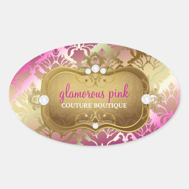 311 Glamorous Golden Pink Damask Oval Sticker (Front)