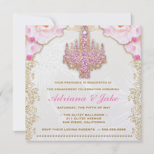311 Glitzy Pink Chandelier Metallic Invitation (Front)