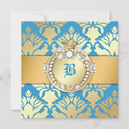 311-Golden Blue Damask Shimmer Queen Baby Shower Invite