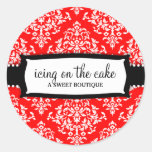 311 Icing On The Cake Cherry Red White Damask Classic Round Sticker at Zazzle