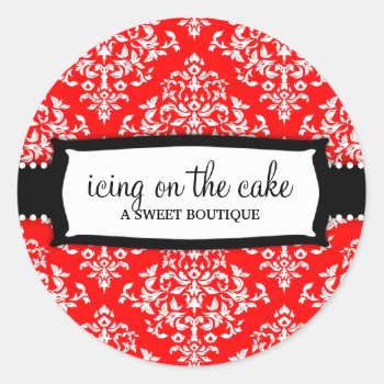 311 Icing On The Cake Cherry Red White Damask Classic Round Sticker by Jill311 at Zazzle