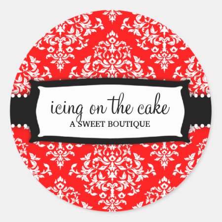 311 Icing On The Cake Cherry Red White Damask Classic Round Sticker