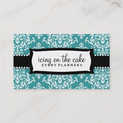 311 Icing on the Cake Teal White Damask Business Cards