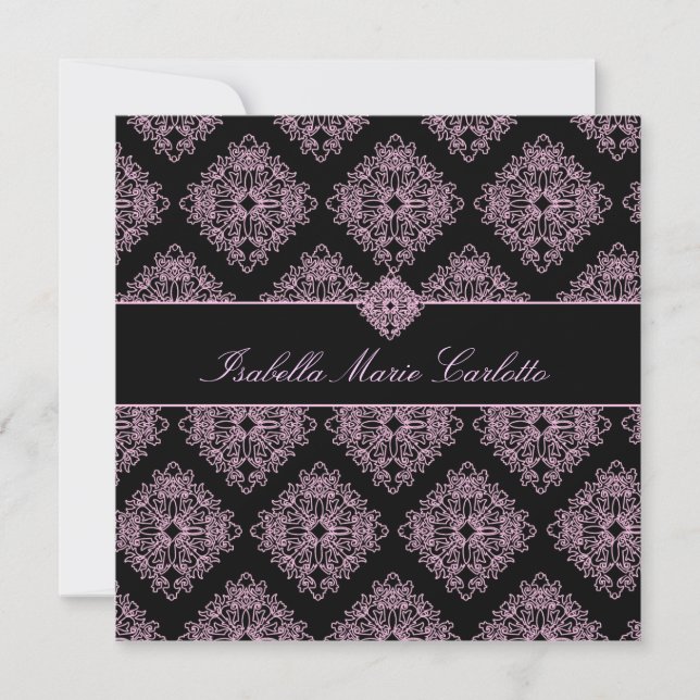 311-Isabella Pink et Black Damask Invitation (Front)