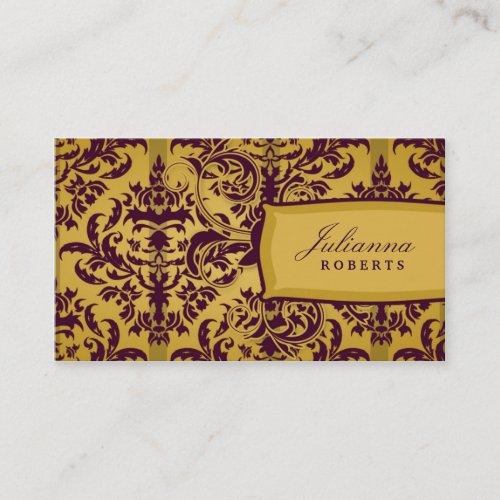 311-Julianna Eggplant &amp; Mustard Damask Business Cards