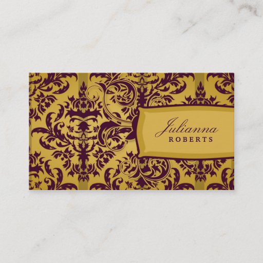 Customizable 311-Julianna Eggplant &amp; Mustard Damask Business Cards