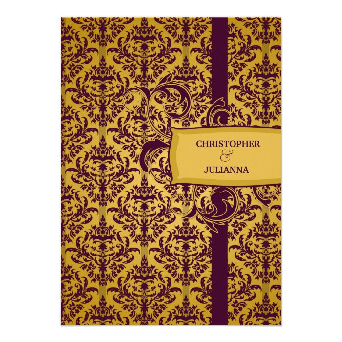 311 Julianna Eggplant & Mustard Damask Custom Invitations