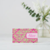 311-Julianna Lusciously Lime & Pink Damask Business Card (Standing Front)