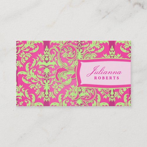 311-Julianna Lusciously Lime &amp; Pink Damask Business Cards