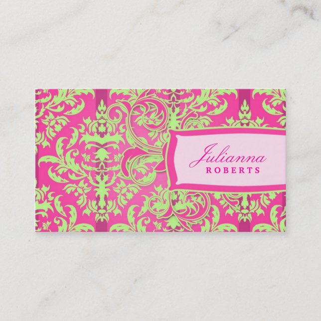 311-Julianna Lusciously Lime & Pink Damask Business Card (Front)