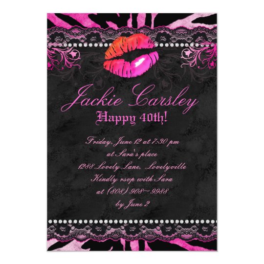 311 Lace Diamonds Birthday Party Zebra Pink Lips Card