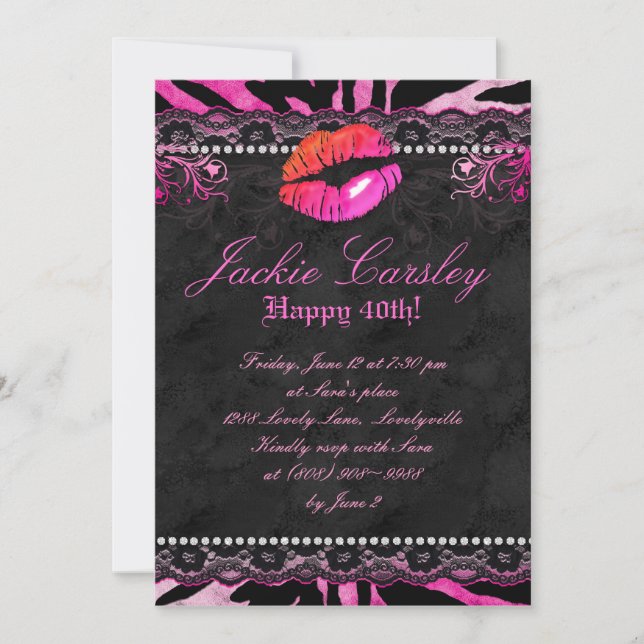 311 Lace Diamonds Birthday Party Zebra Pink Lips Invitation (Front)
