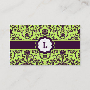 311-Lauren Damask Monogram   Lime Business Card