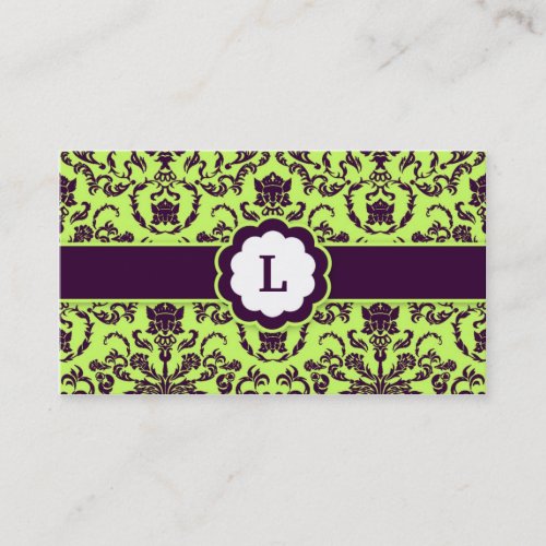 311-Lauren Damask Monogram | Lime Business Card Templates